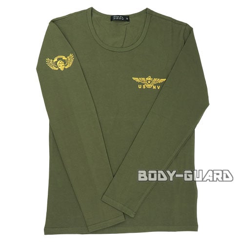 ミリタリーTシャツ　USNV　長袖　カーキ【ゆうパケット対応】　L